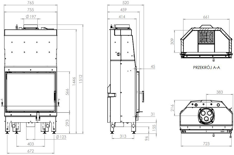 Камінна топка з водяним контуром Hitze ALAQS 68x53.R 19 кВт, права