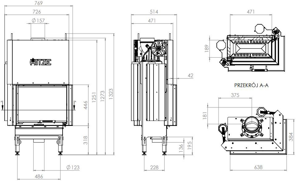 Камінна топка Hitze HST 54x39.RG 11,2 кВт, права з гільйотиною