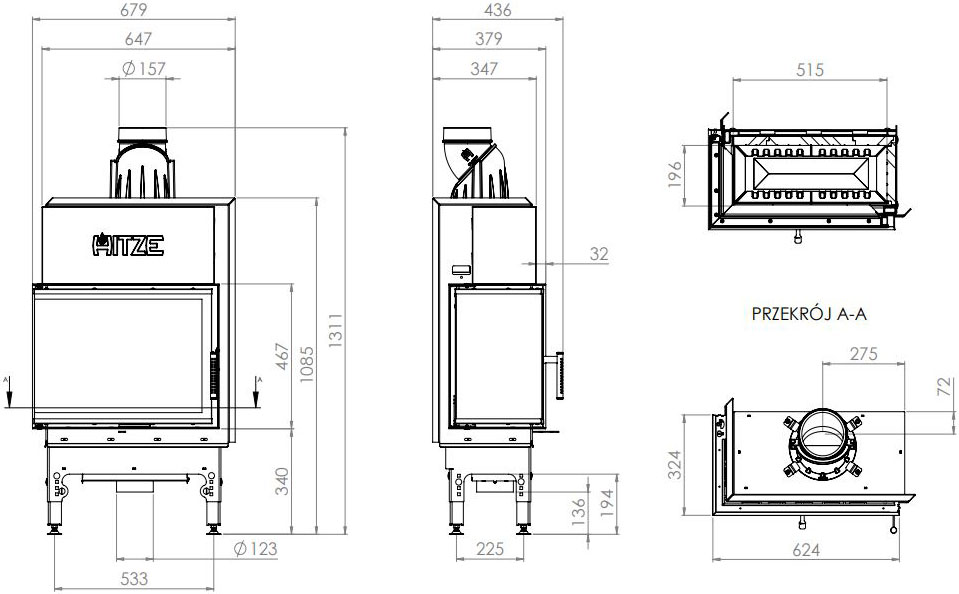 Камінна топка Hitze HST 59x43.L 7,6 кВт, ліва