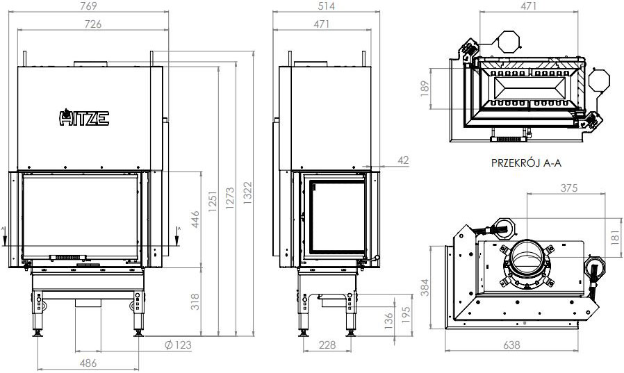 Камінна топка Hitze HST 59x43.LG 12,2 кВт, ліва з гільйотиною