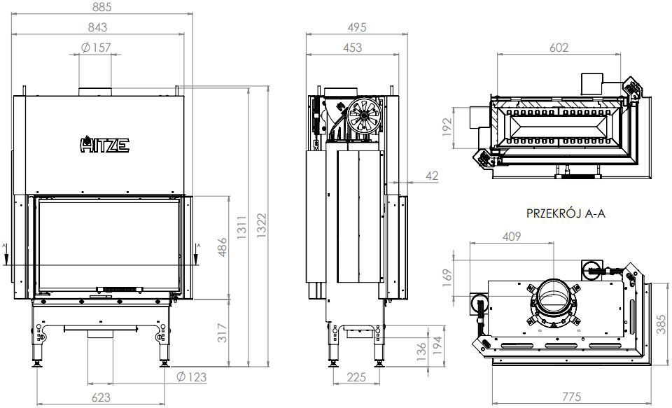 Камінна топка Hitze HST 68x43.RG 9,3 кВт, права з гільйотиною