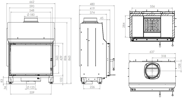 Камінна топка HITZE STMA 54x39.S 9 кВт